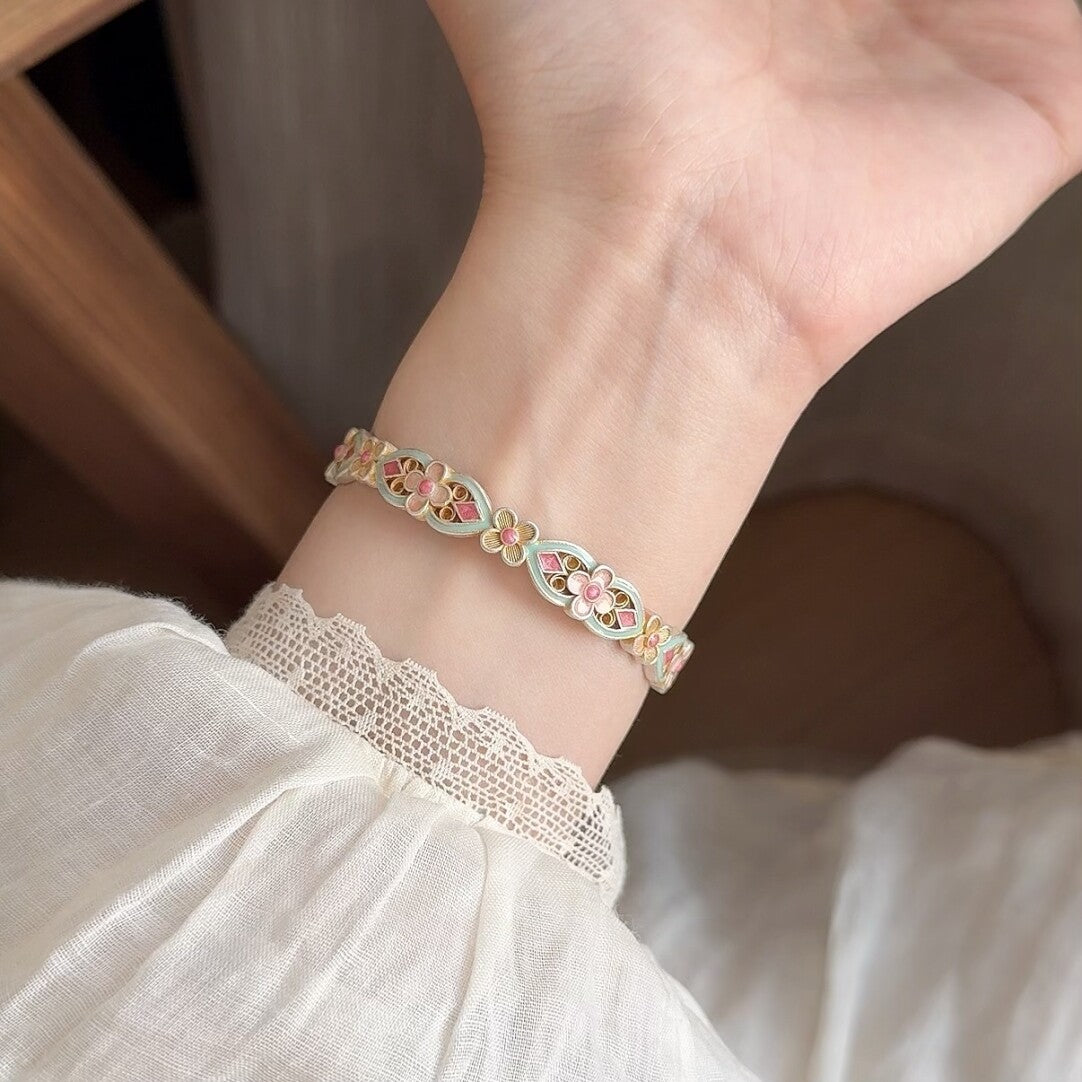 Chinoiserie Enamel Colorful Flower Silver Bracelet