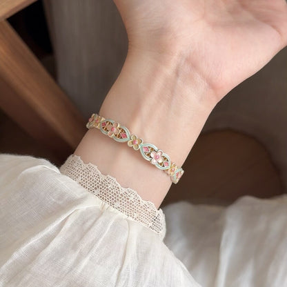 Chinoiserie Enamel Colorful Flower Silver Bracelet