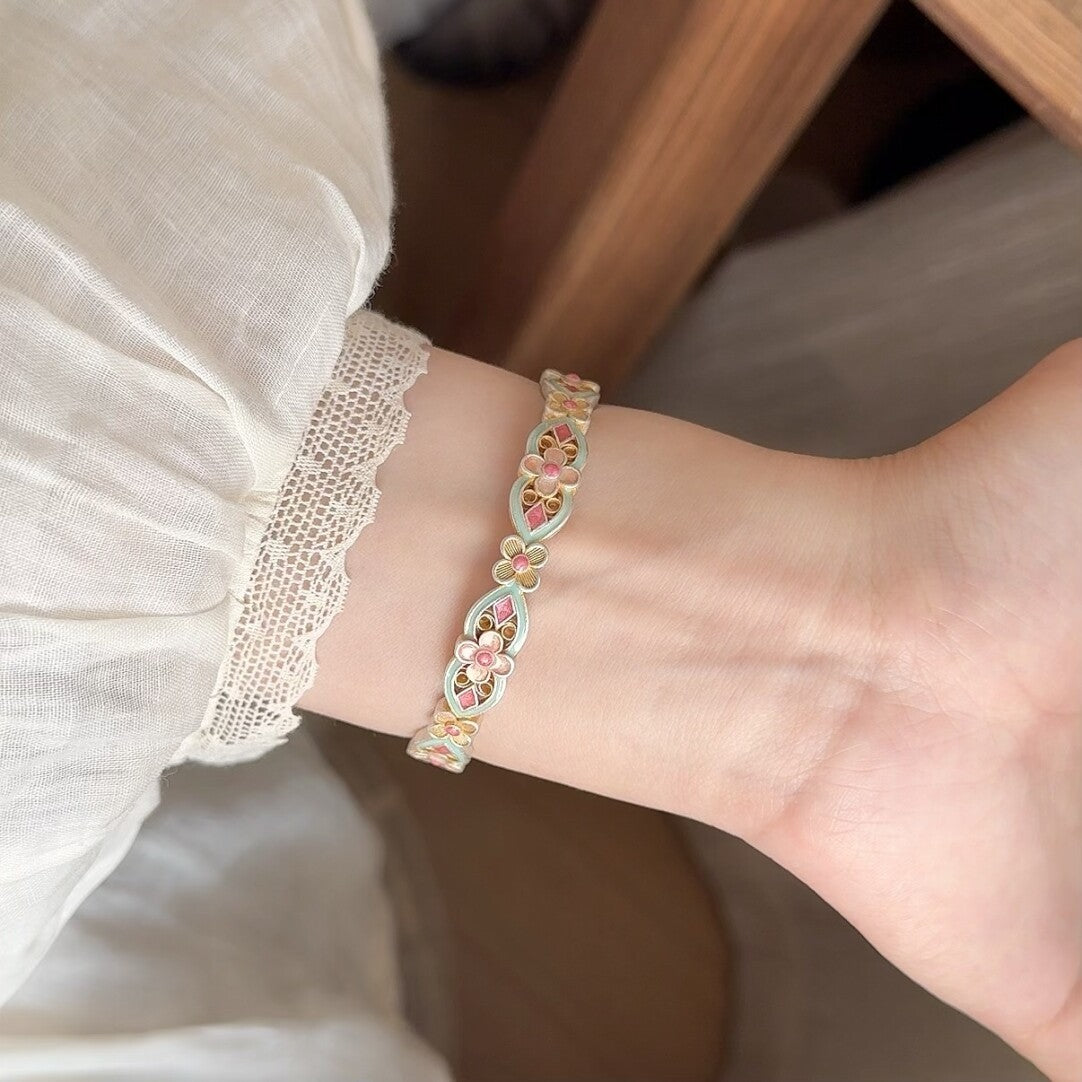 Chinoiserie Enamel Colorful Flower Silver Bracelet
