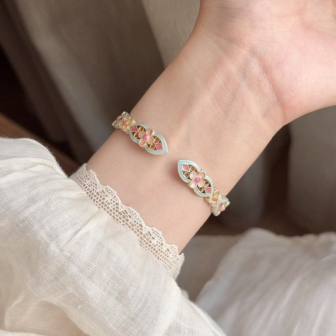 Chinoiserie Enamel Colorful Flower Silver Bracelet