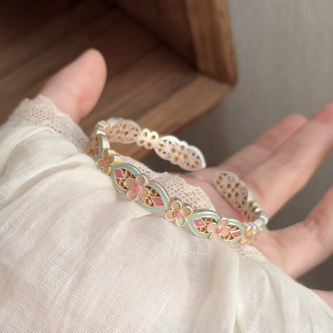 Chinoiserie Enamel Colorful Flower Silver Bracelet
