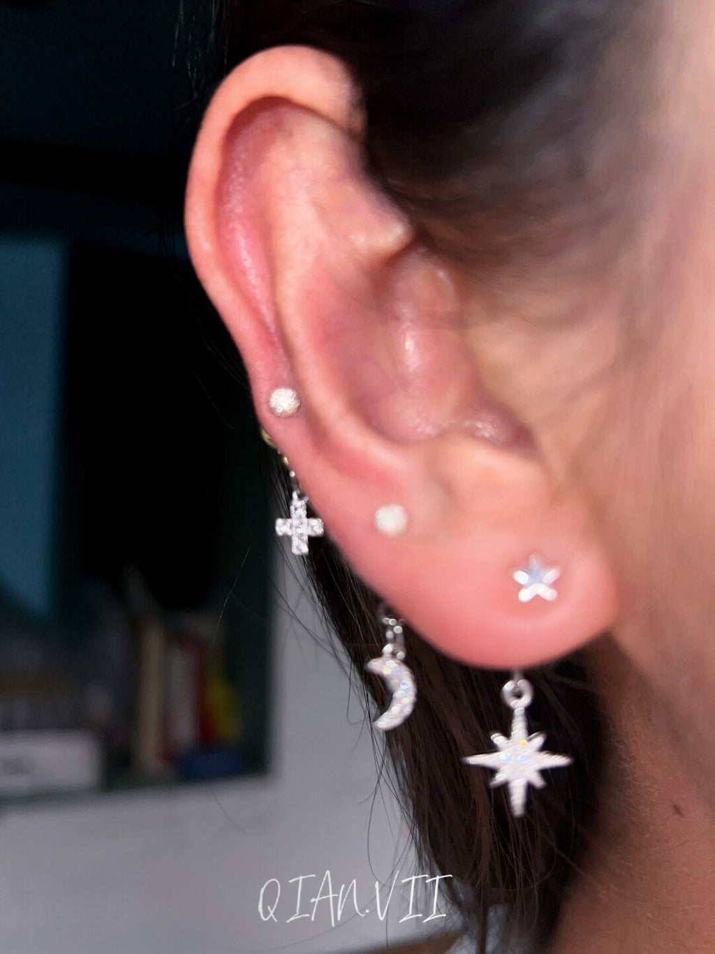 Mini Star Moon Cross Silver Single Stud Earring,Lumivault.