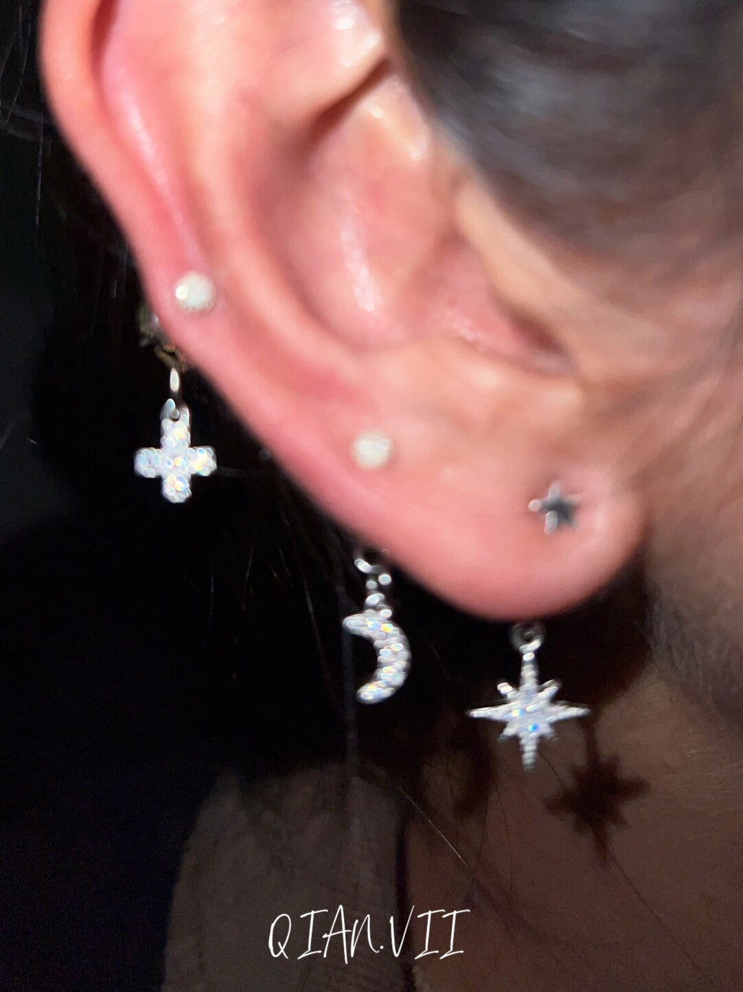 Mini Star Moon Cross Silver Single Stud Earring,Lumivault.