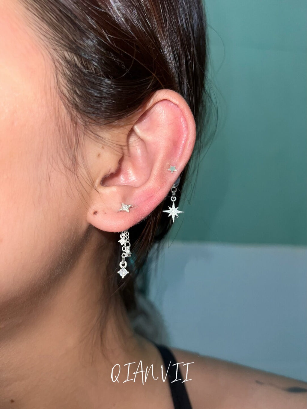 Double Piercing Silver Star Single Earring,Lumivault.