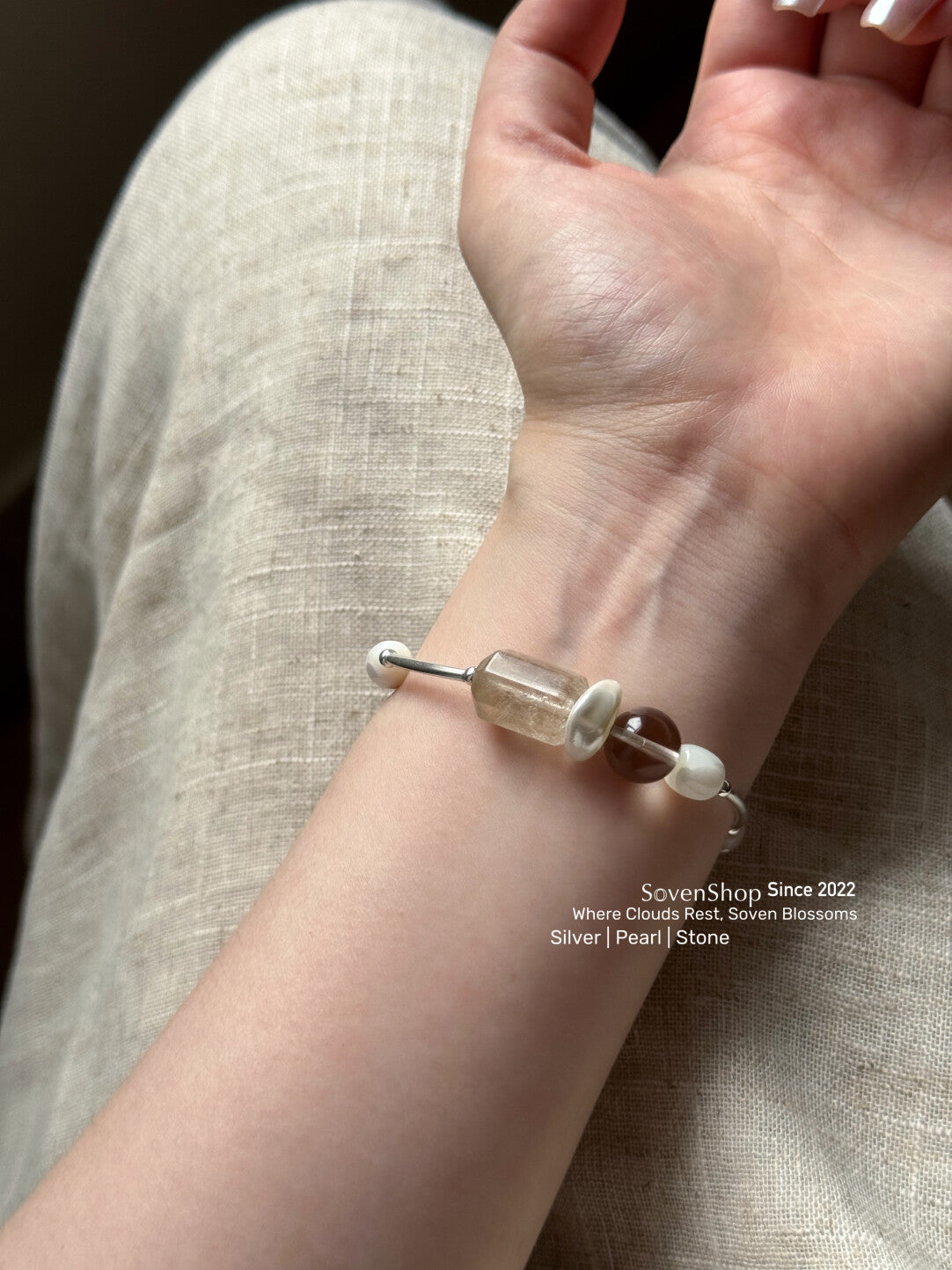 Rock Crystal Smoky Quartz Shell Beaded Bracelet,Lumivault.