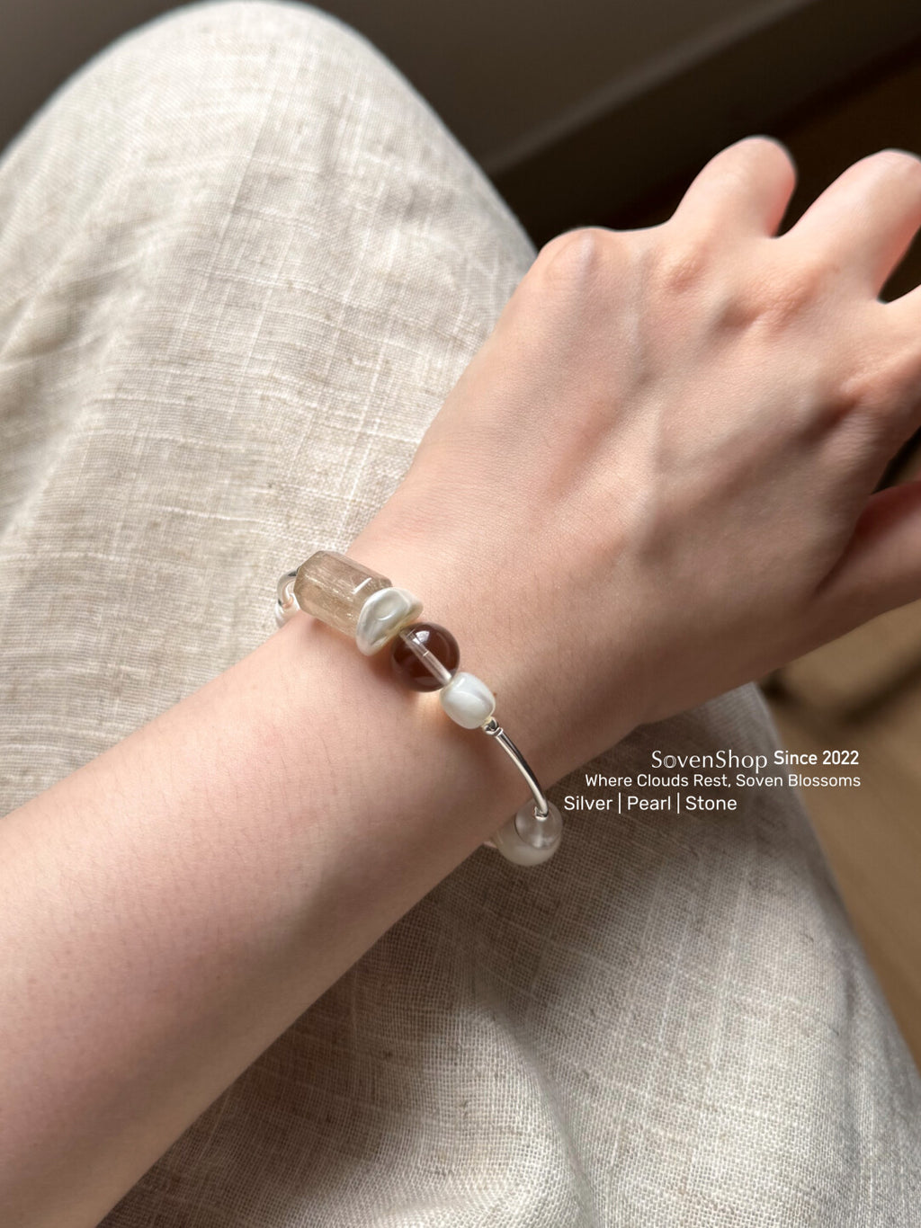 Rock Crystal Smoky Quartz Shell Beaded Bracelet,Lumivault.