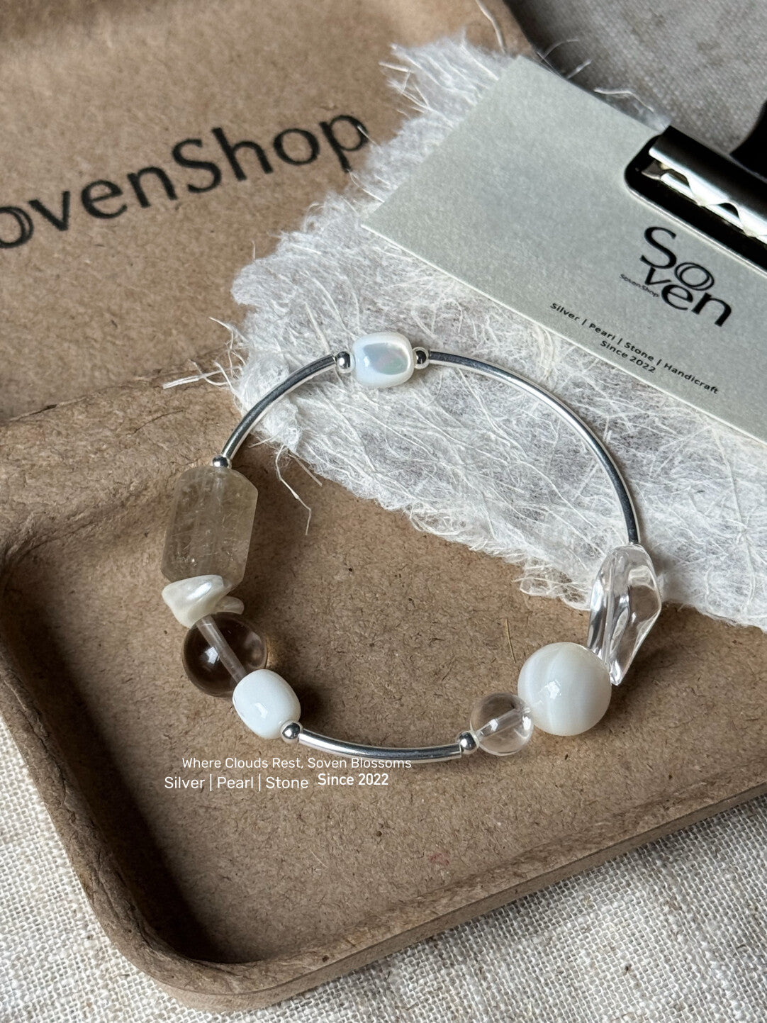 Rock Crystal Smoky Quartz Shell Beaded Bracelet,Lumivault.