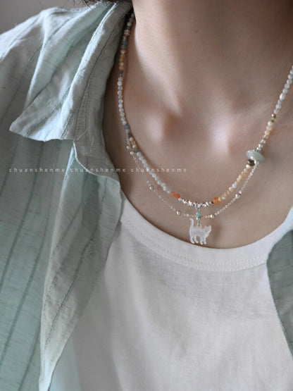 Cosmic Kitten Shell Beaded Silver Necklace,Lumivault.