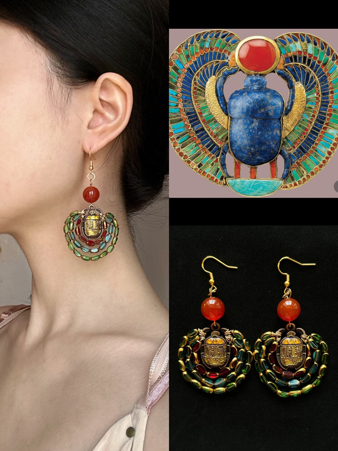 Egyptian Scarab Crystal Glass Beaded Earrings