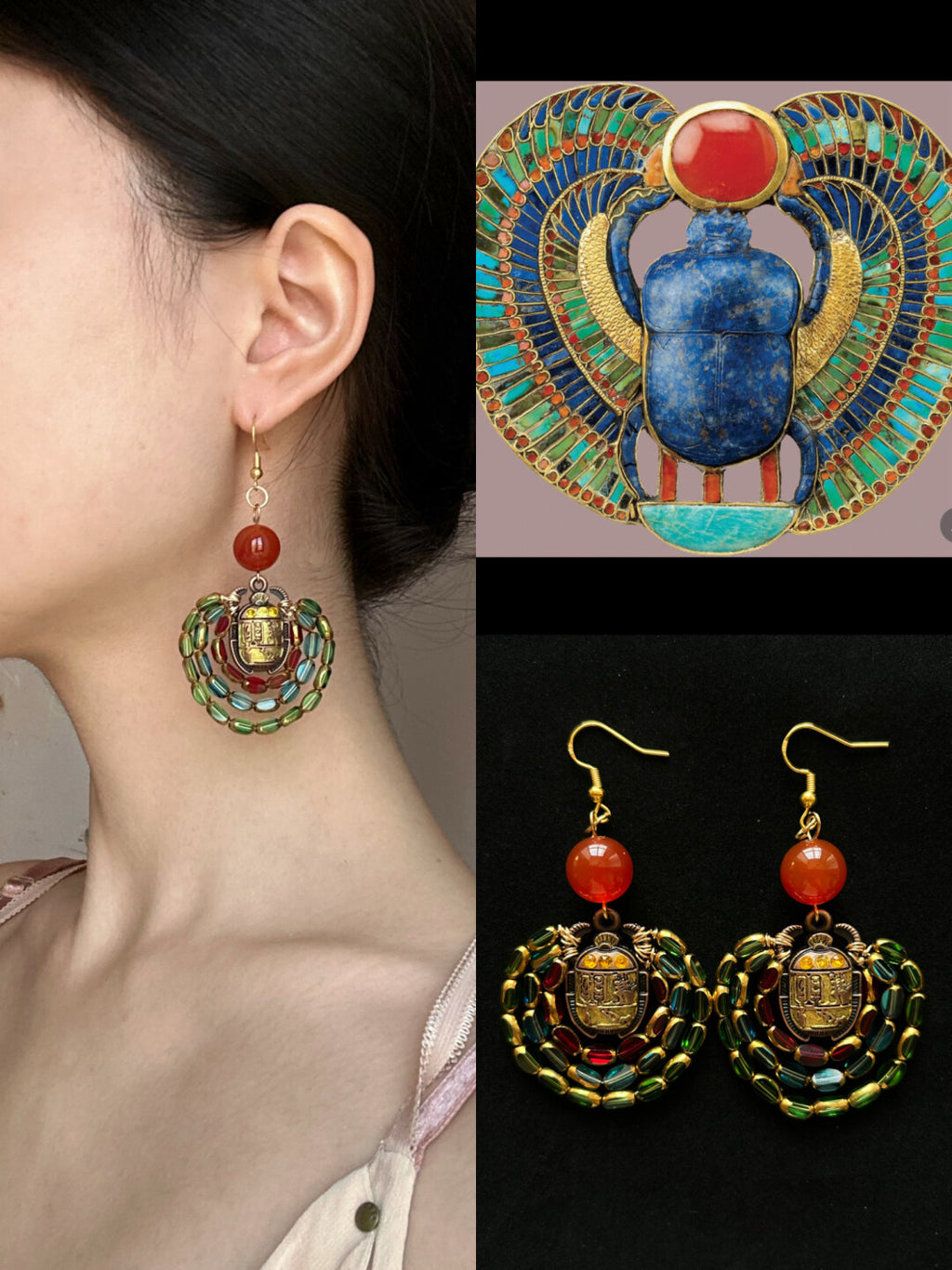 Egyptian Scarab Crystal Glass Beaded Earrings,Studs,Lumivault.