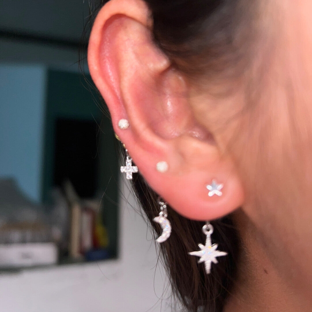 Mini Star Moon Cross Silver Single Stud Earring,Single Matte Bead Stud Earring / Stars,Lumivault.