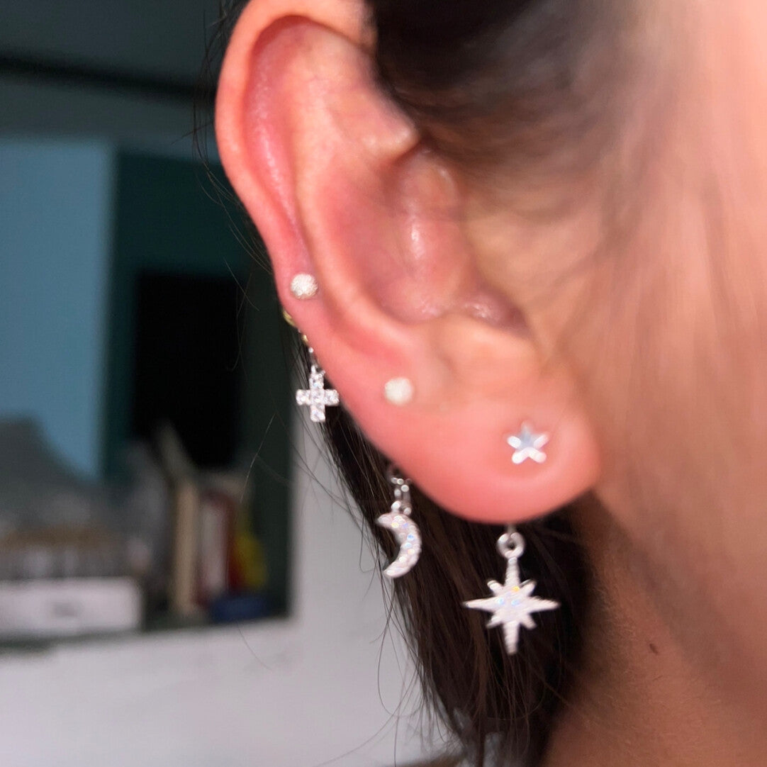 Mini Star Moon Cross Silver Single Stud Earring,Single Star Stud Earring / Stars,Lumivault.