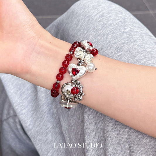 Red Heart Bow Tassel Stacking Bracelet