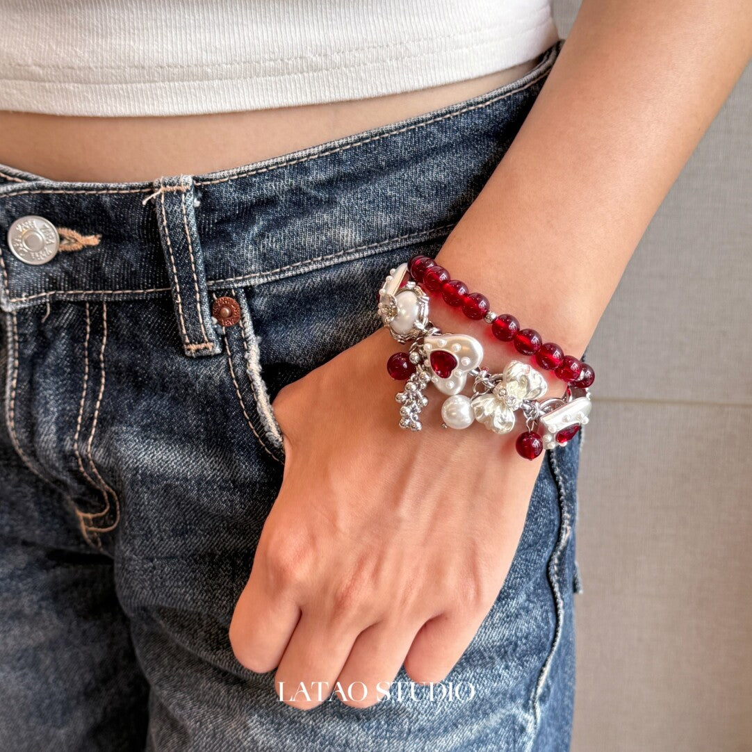 Red Heart Bow Tassel Stacking Bracelet