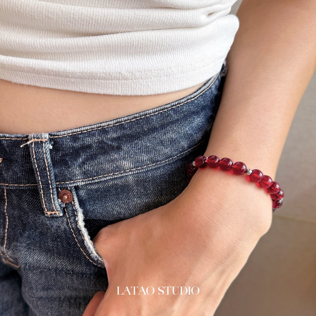 Red Heart Bow Tassel Stacking Bracelet,Red Bracelet,Lumivault.