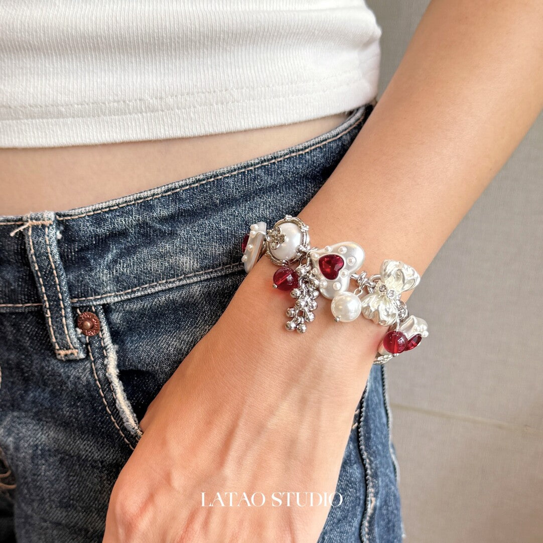 Red Heart Bow Tassel Stacking Bracelet,Silver Red Heart Bracelet,Lumivault.