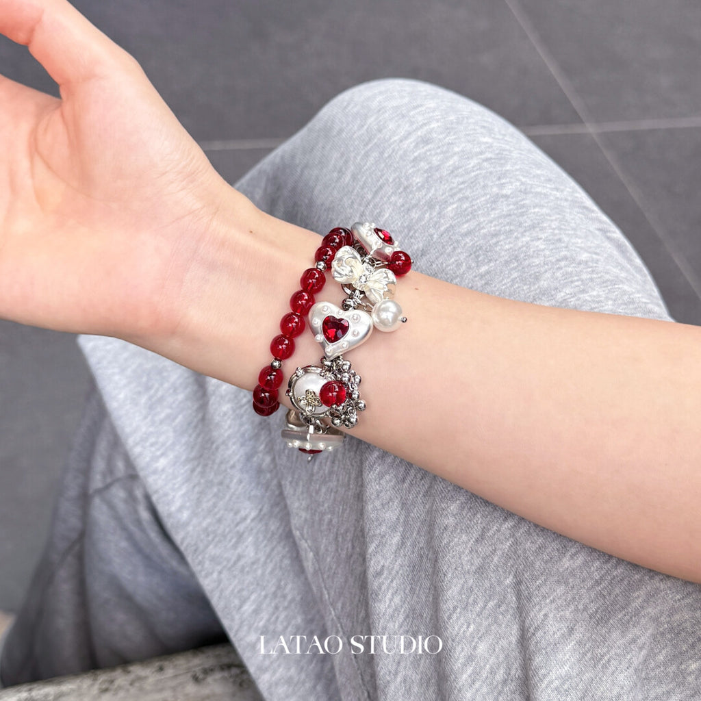 Red Heart Bow Tassel Stacking Bracelet,2 Piece Set (As Shown In The Picture),Lumivault.