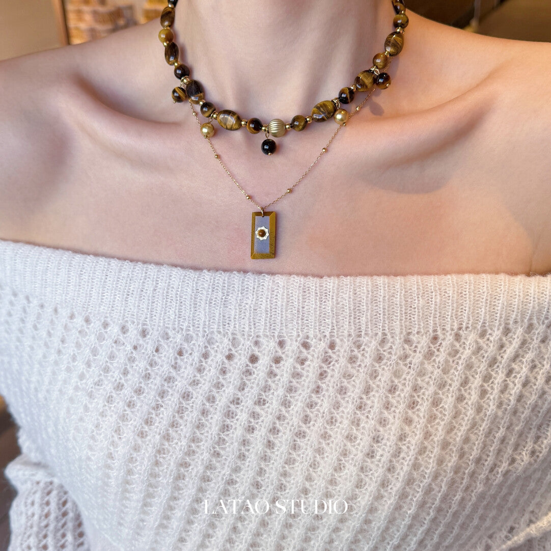 Retro Tiger's Eye Beaded Stacking Necklace,Lumivault.