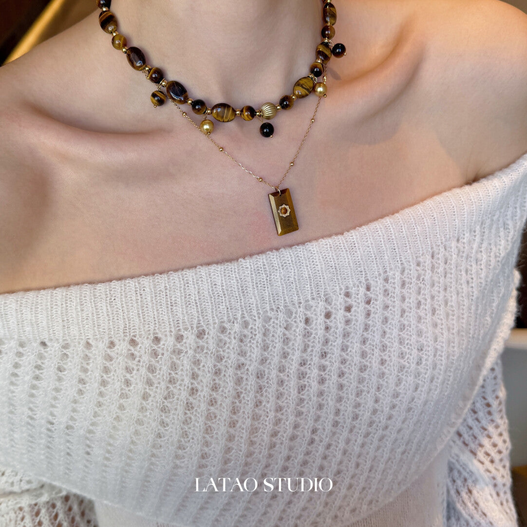 Retro Tiger's Eye Beaded Stacking Necklace,Lumivault.