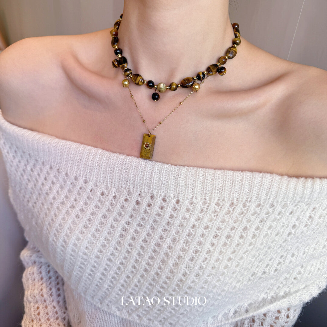Retro Tiger's Eye Beaded Stacking Necklace,Lumivault.