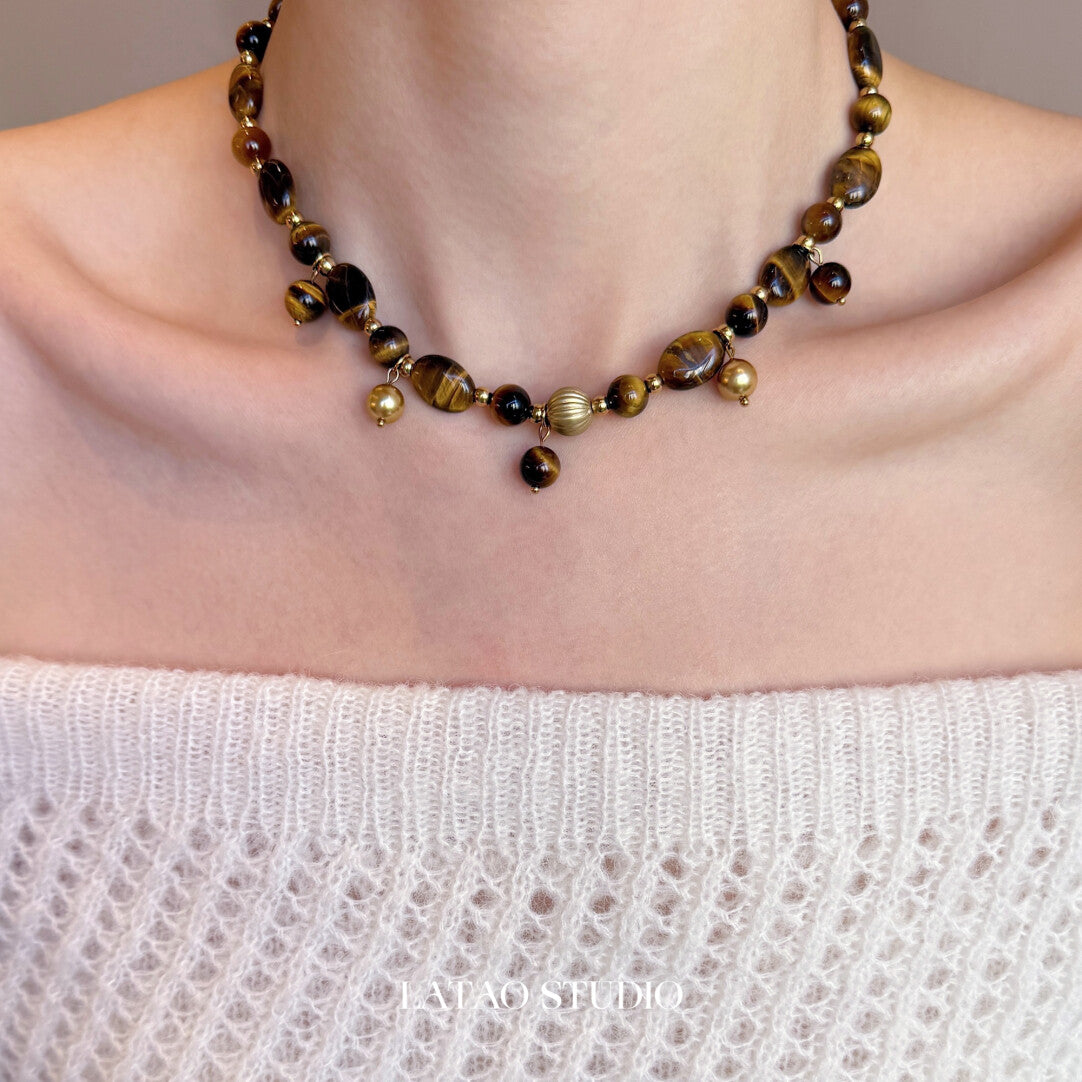 Retro Tiger's Eye Beaded Stacking Necklace,Tiger's Eye Beaded Necklace,Lumivault.