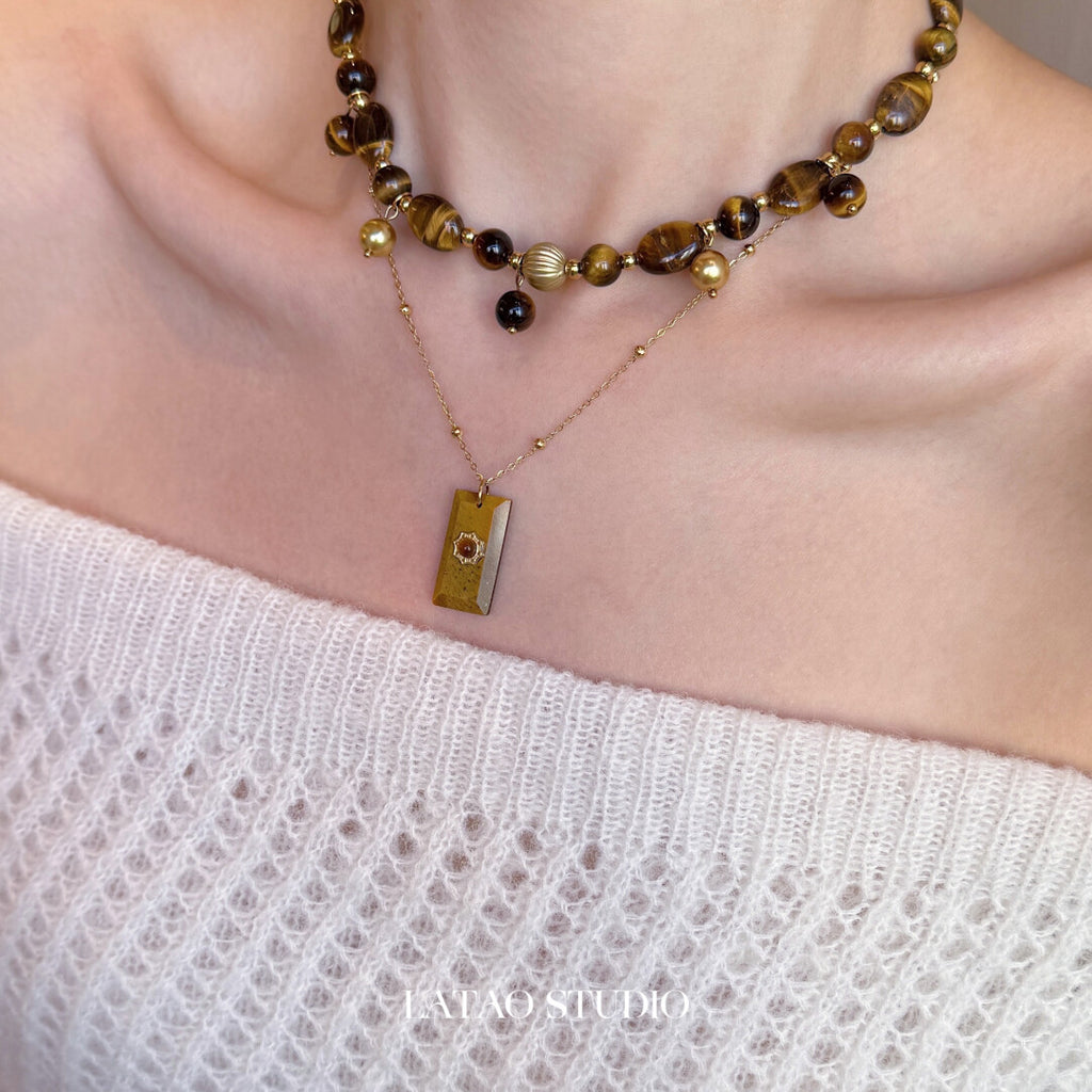 Retro Tiger's Eye Beaded Stacking Necklace,2-Piece Set (as shown in the picture),Lumivault.