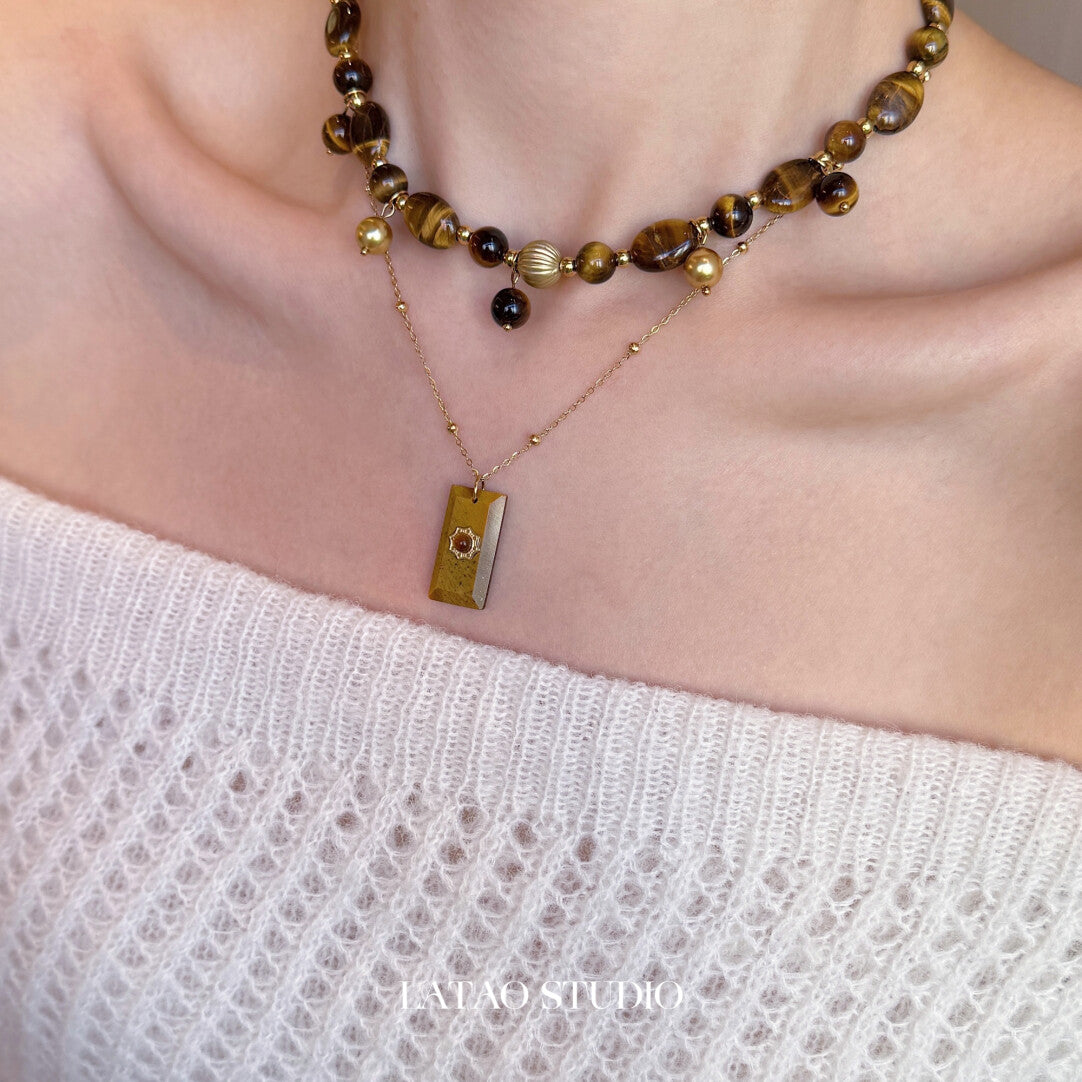 Retro Tiger's Eye Beaded Stacking Necklace,2-Piece Set (as shown in the picture),Lumivault.