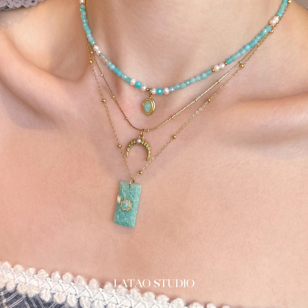 Sky Island Amazonite Beaded Stacking Necklace,Lumivault.