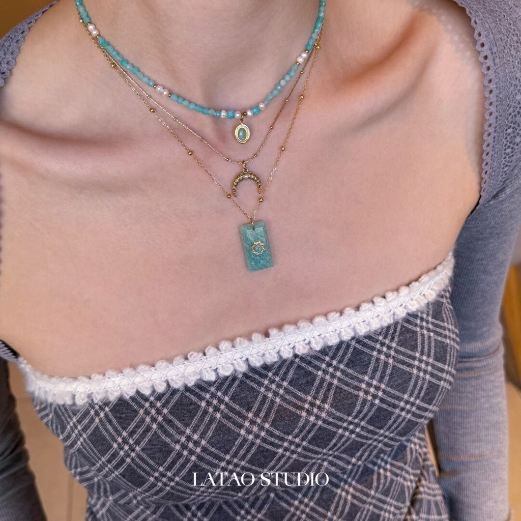 Sky Island Amazonite Beaded Stacking Necklace,Lumivault.
