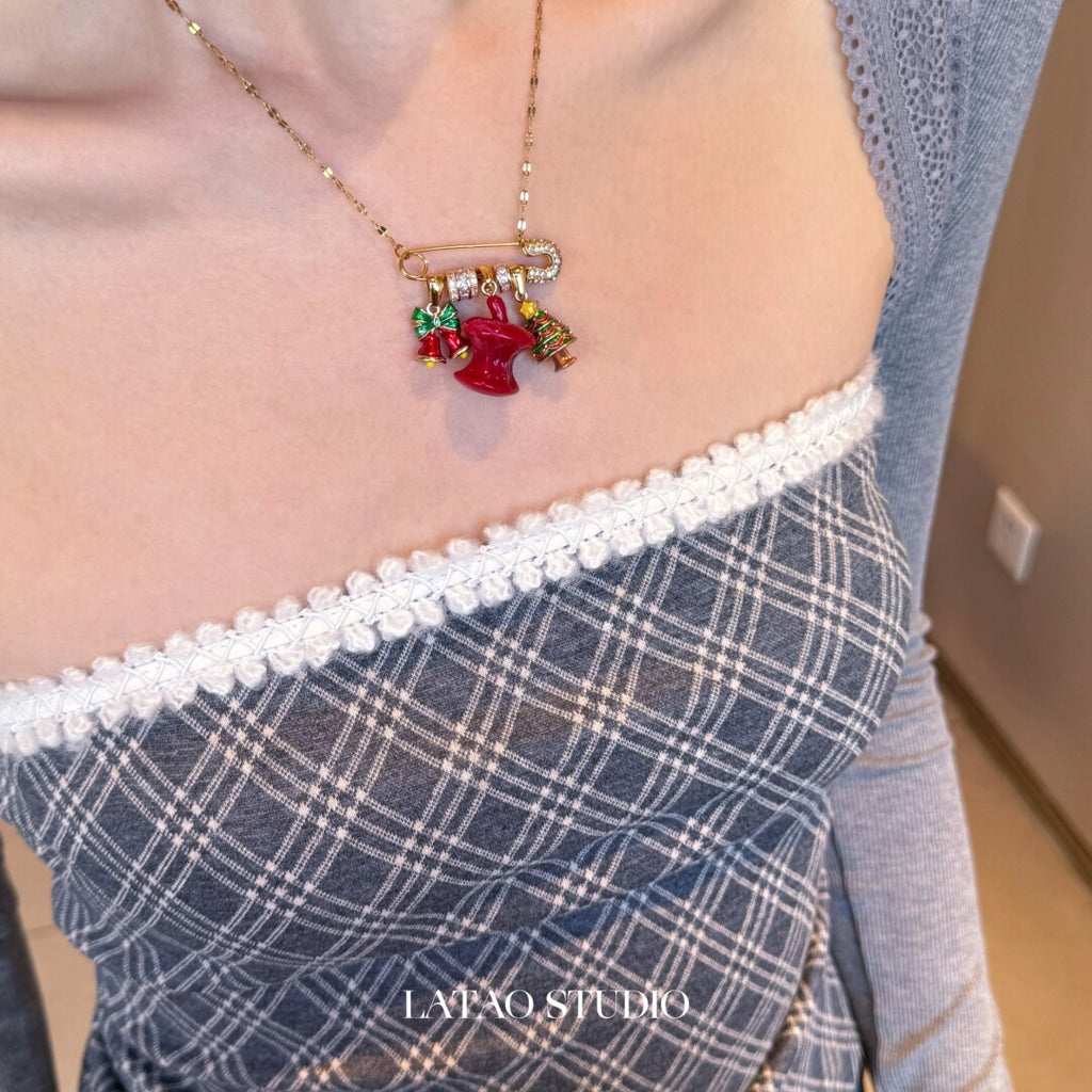 Christmas Tree Bow Apple Necklace,Lumivault.