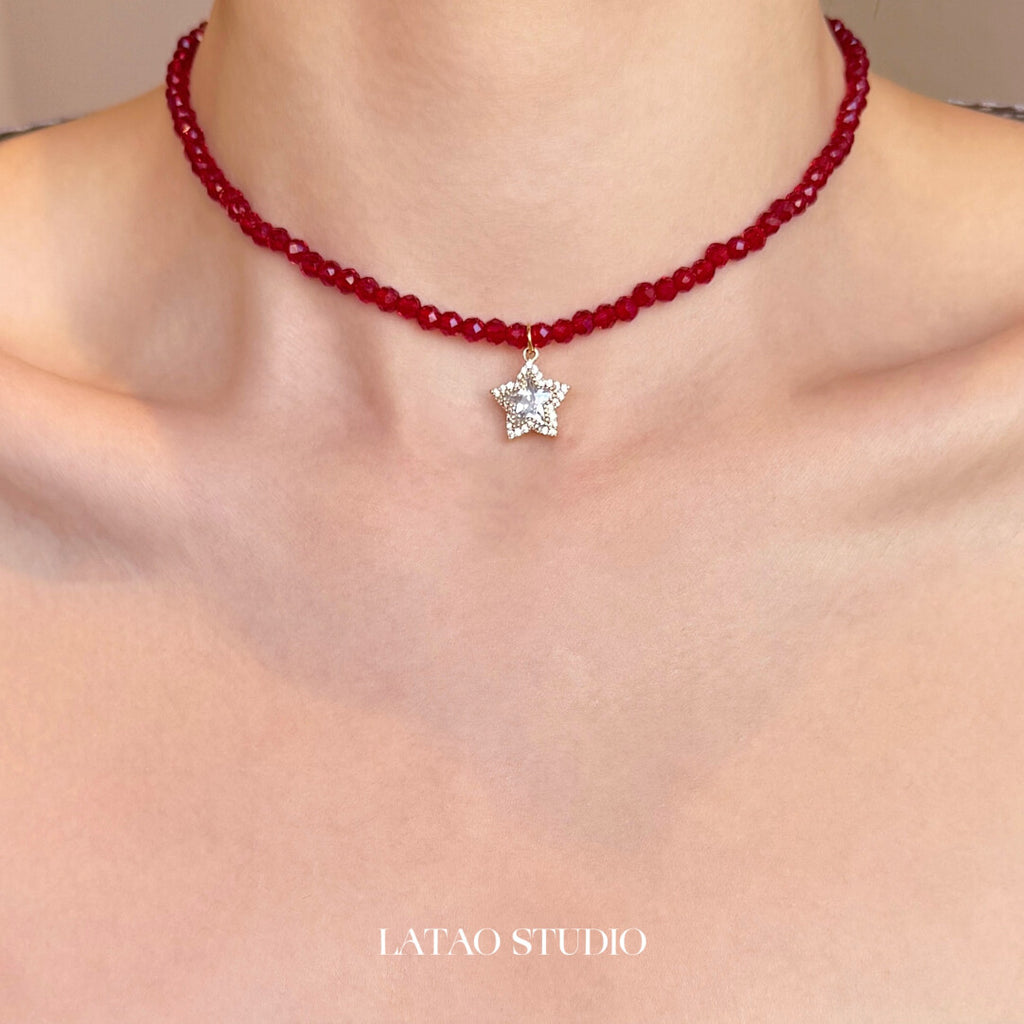 Starlight Christmas Beaded Stacking Necklace,Red Beaded Star Necklace,Lumivault.