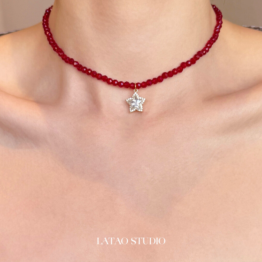 Starlight Christmas Beaded Stacking Necklace,Red Beaded Star Necklace,Lumivault.