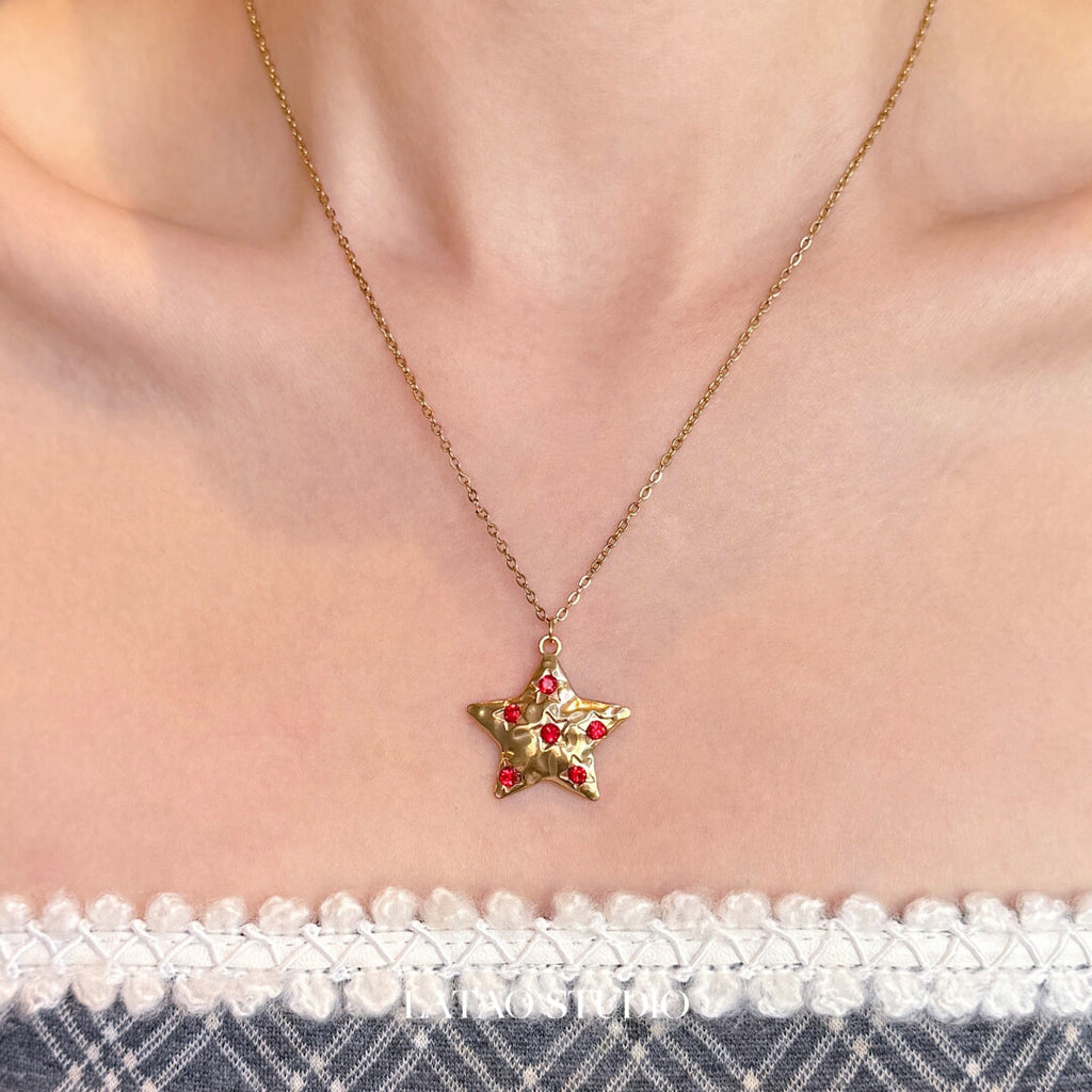 Starlight Christmas Beaded Stacking Necklace,Red Diamond Big Star Necklace,Lumivault.