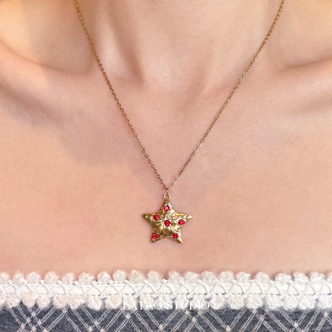 Starlight Christmas Beaded Stacking Necklace,Red Diamond Big Star Necklace,Lumivault.