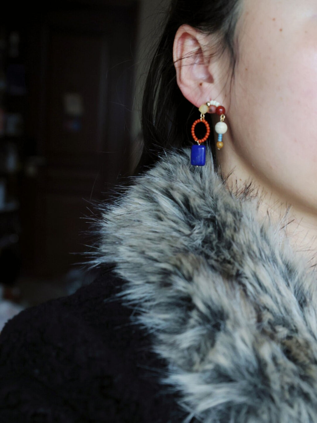 Chinoiserie Red & Blue Asymmetrical Earrings,Lumivault.