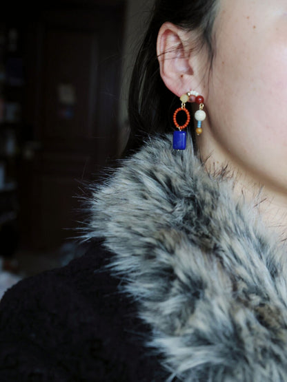 Chinoiserie Red & Blue Asymmetrical Earrings