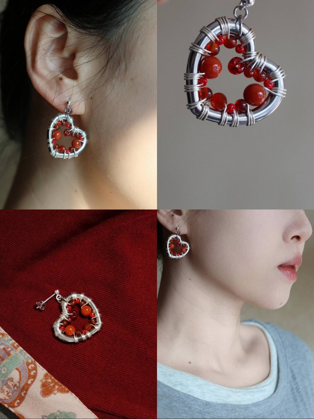 Chinoiserie Festive Red Heart Winding Earrings,Studs,Lumivault.