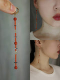 Chinoiserie Red Fringed Long Earrings,Ear Buckles,Lumivault.