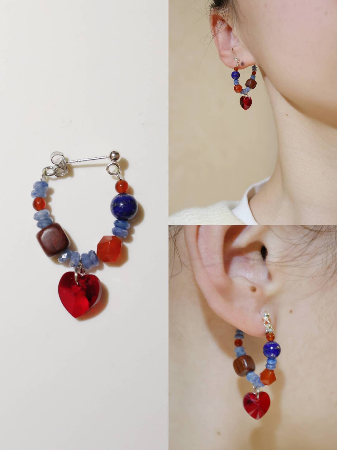 Chinoiserie Red and Blue Heart Earrings,Studs,Lumivault.