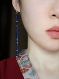 Chinoiserie Blue Line Long Earrings,Gold Plated Buckles,Lumivault.
