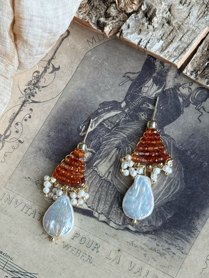 Mist Rose Agate Baroque Pearl Earrings