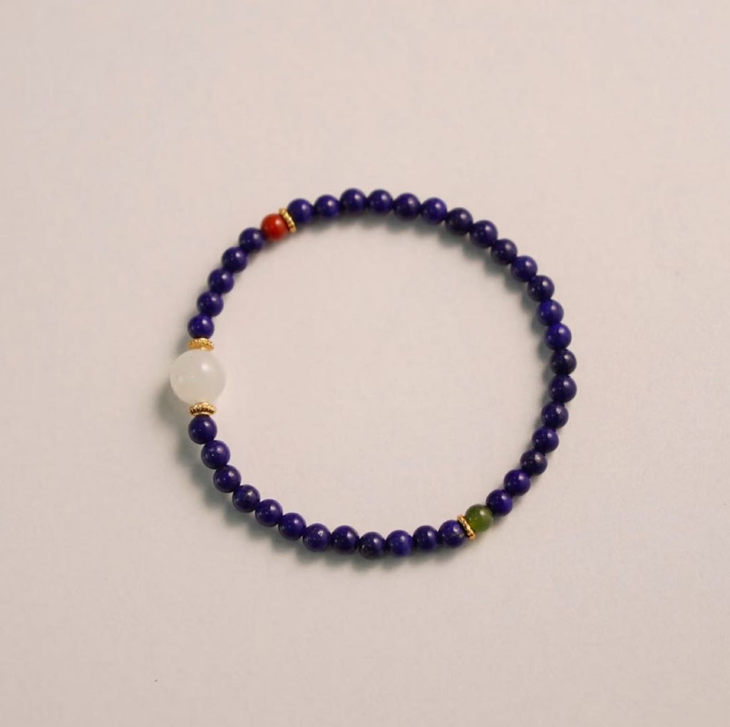「Chinoiserie」Hetian Jade Lapis Lazuli Beaded Bracelet,Blue / 14-15cm,Lumivault.