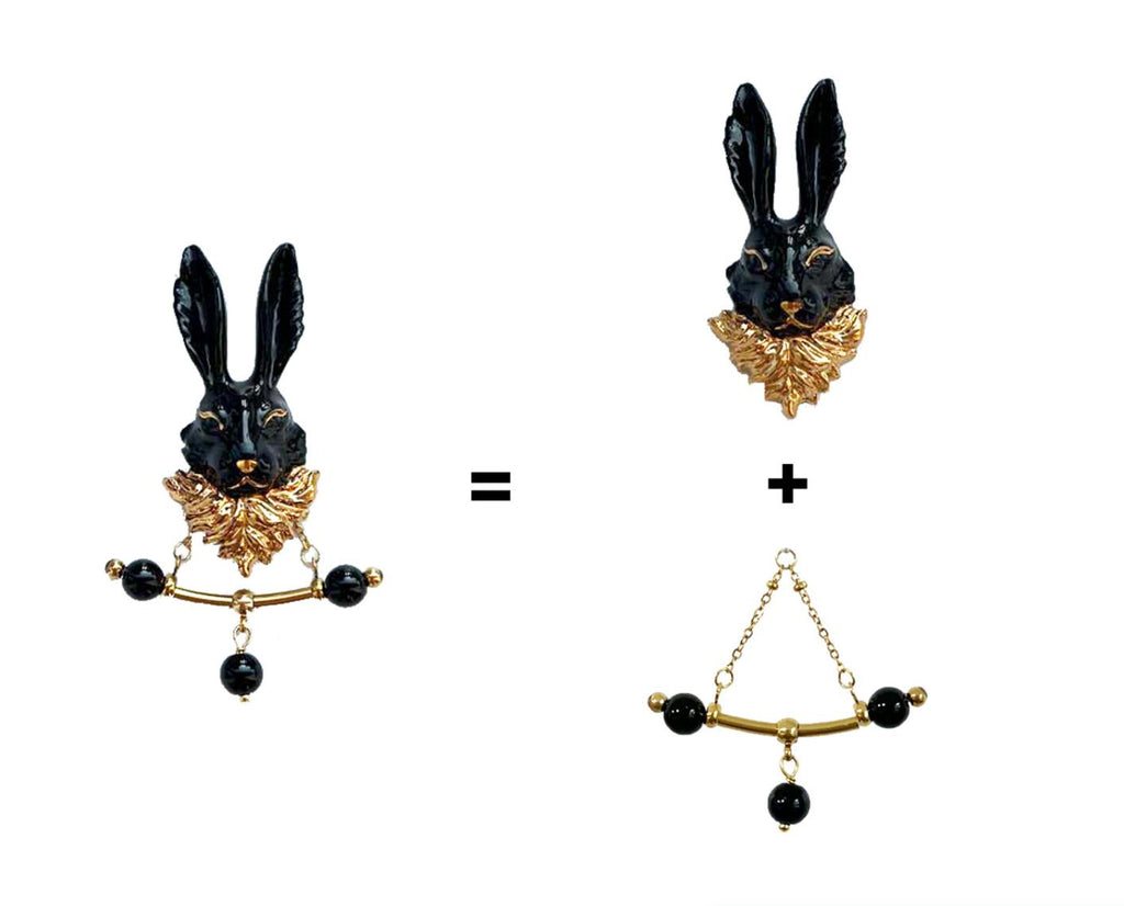 Black Gold Rabbit Ceramic Brooch,Lumivault.