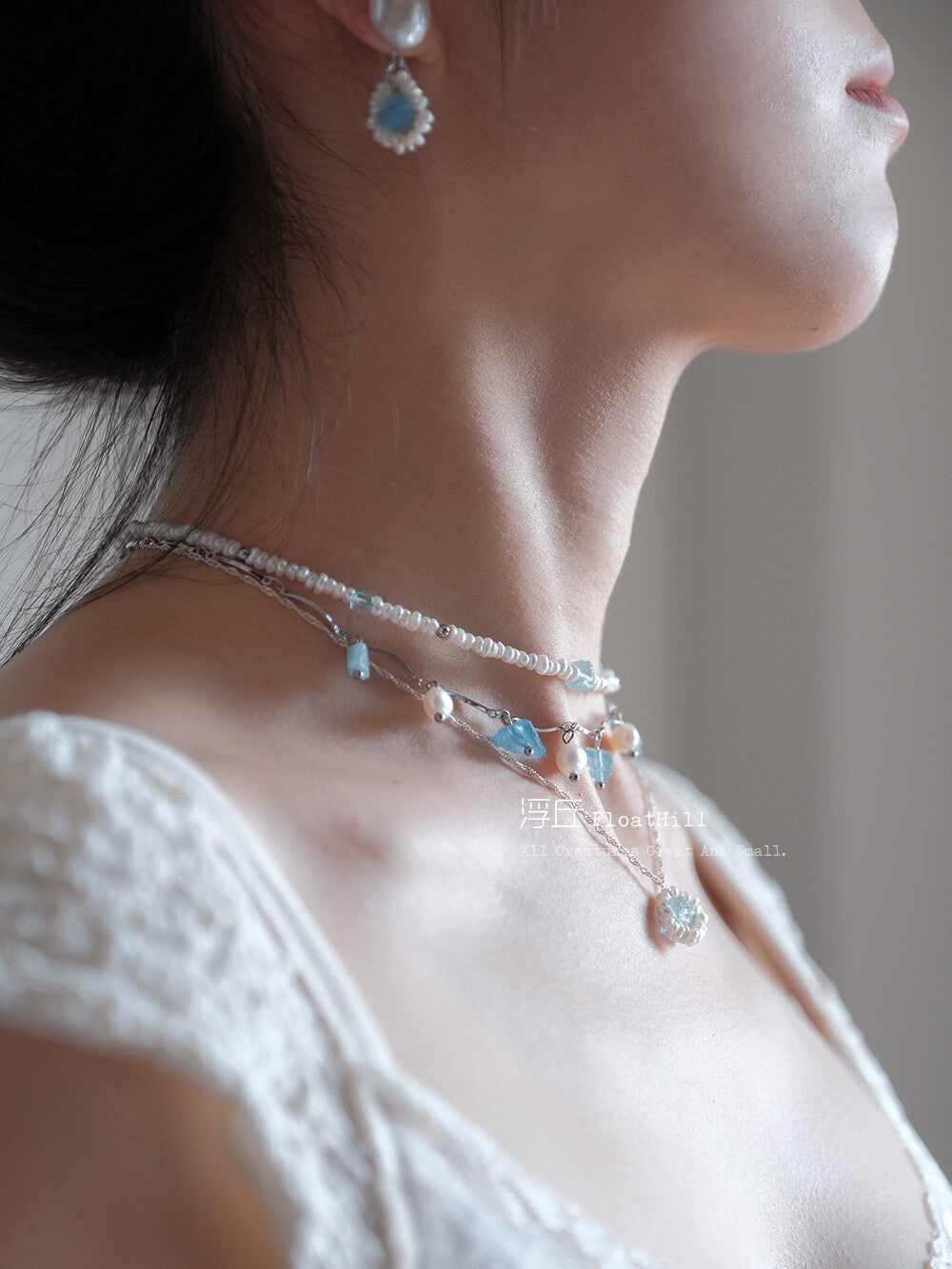 Blue Island Pearl Aquamarine Beaded Necklace,Lumivault.