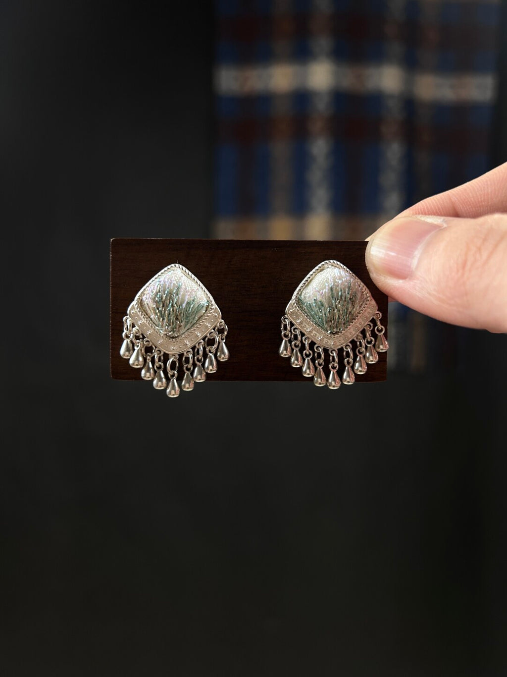 Miao Silver Motif Stud Earrings,Green,Lumivault.