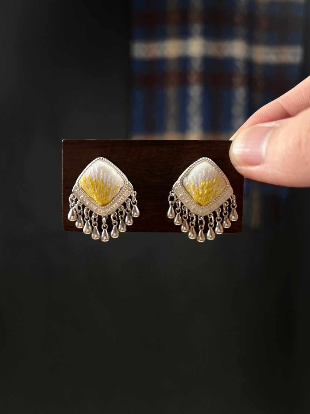 Miao Silver Motif Stud Earrings,Yellow,Lumivault.