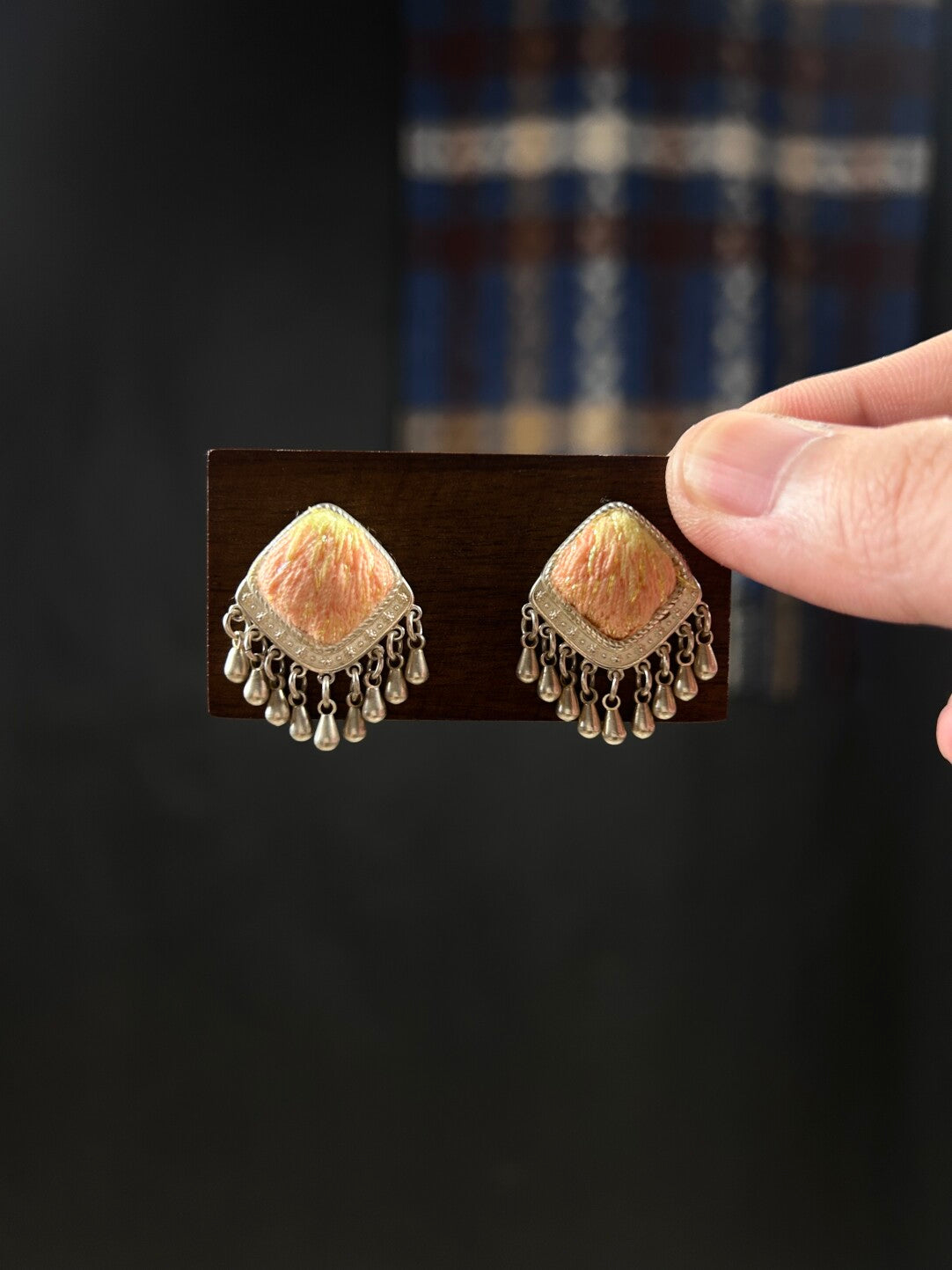 Miao Silver Motif Stud Earrings,Orange,Lumivault.