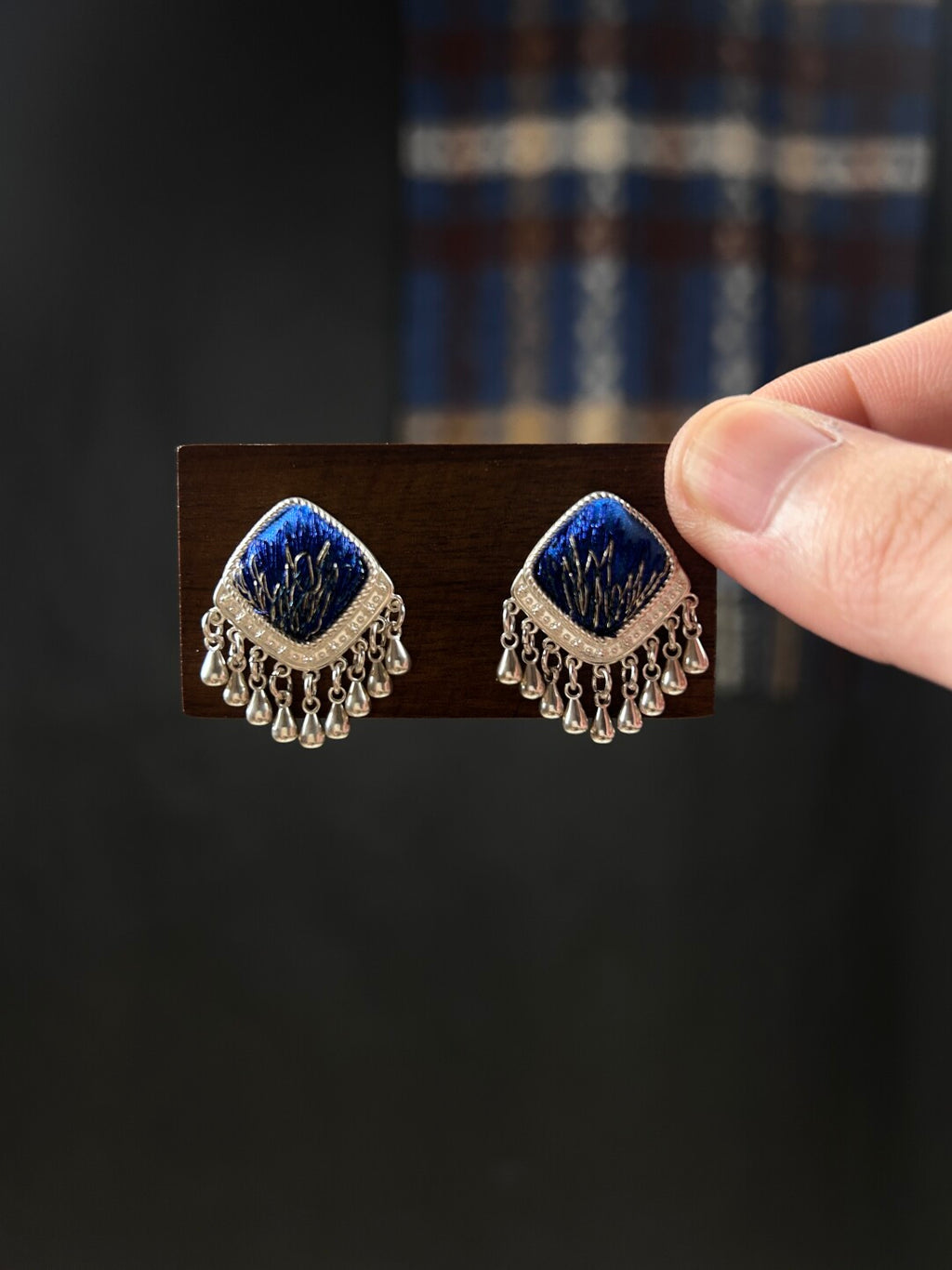 Miao Silver Motif Stud Earrings,Navy blue,Lumivault.