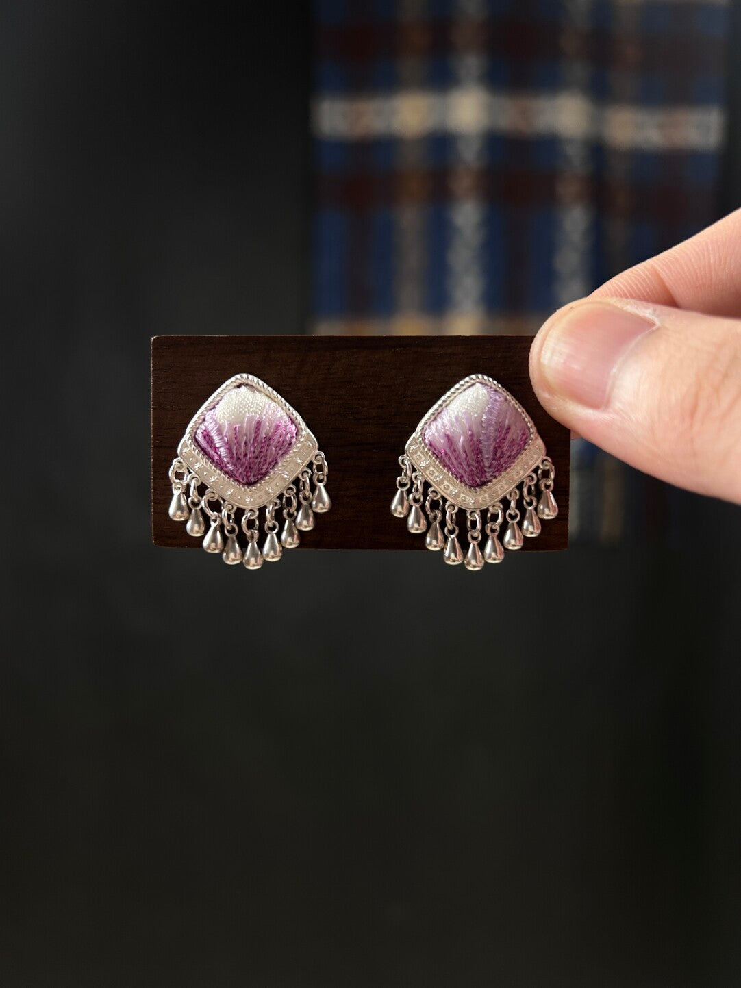 Miao Silver Motif Stud Earrings,Light Purple,Lumivault.
