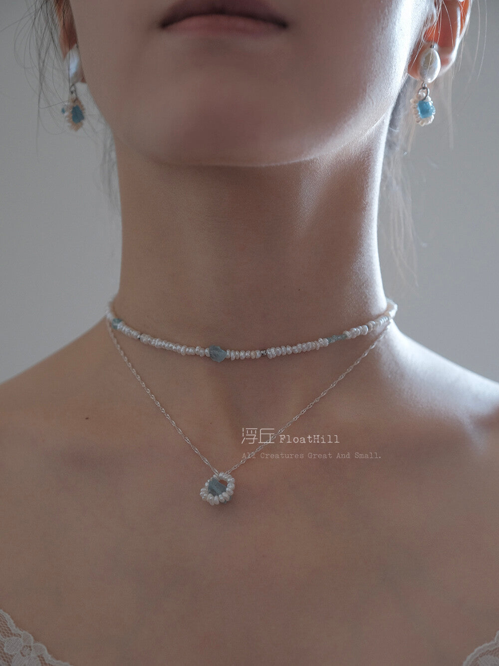 Blue Island Pearl Aquamarine Beaded Necklace,Lumivault.